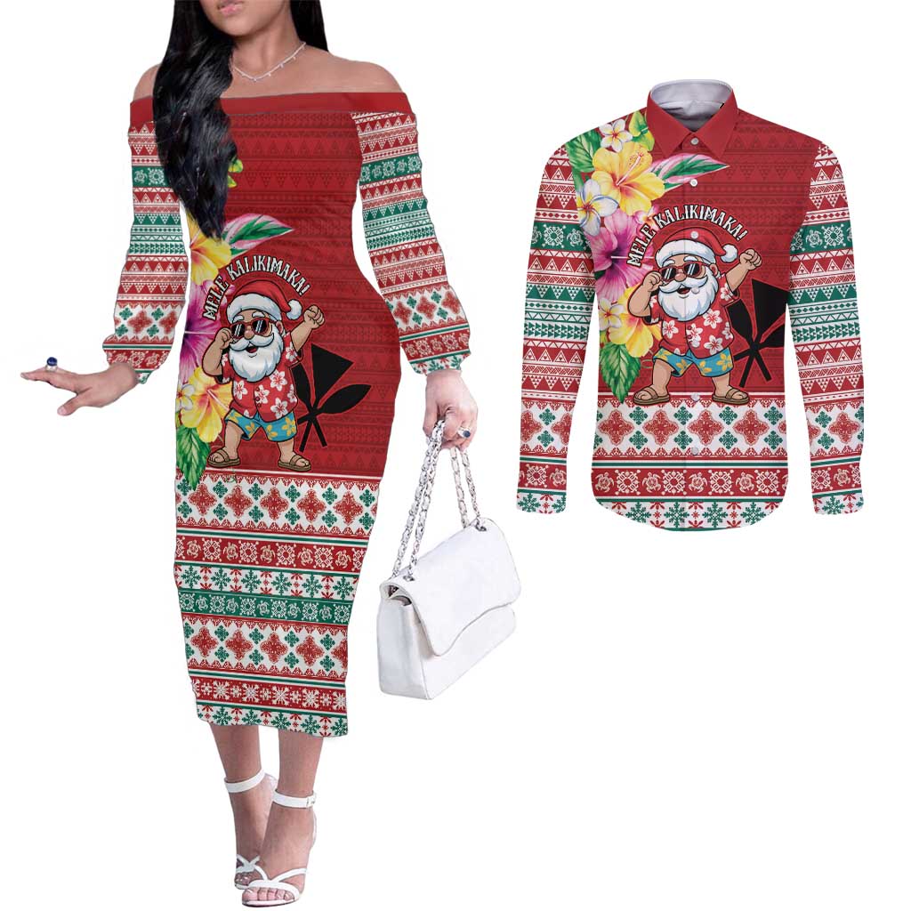 Santa Surf Mele Kalikimaka Personalized Couples Matching Off The Shoulder Long Sleeve Dress and Long Sleeve Button Shirt Aloha Tropical Christmas Vibes - Polynesian Pride