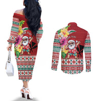 Santa Surf Mele Kalikimaka Personalized Couples Matching Off The Shoulder Long Sleeve Dress and Long Sleeve Button Shirt Aloha Tropical Christmas Vibes - Polynesian Pride