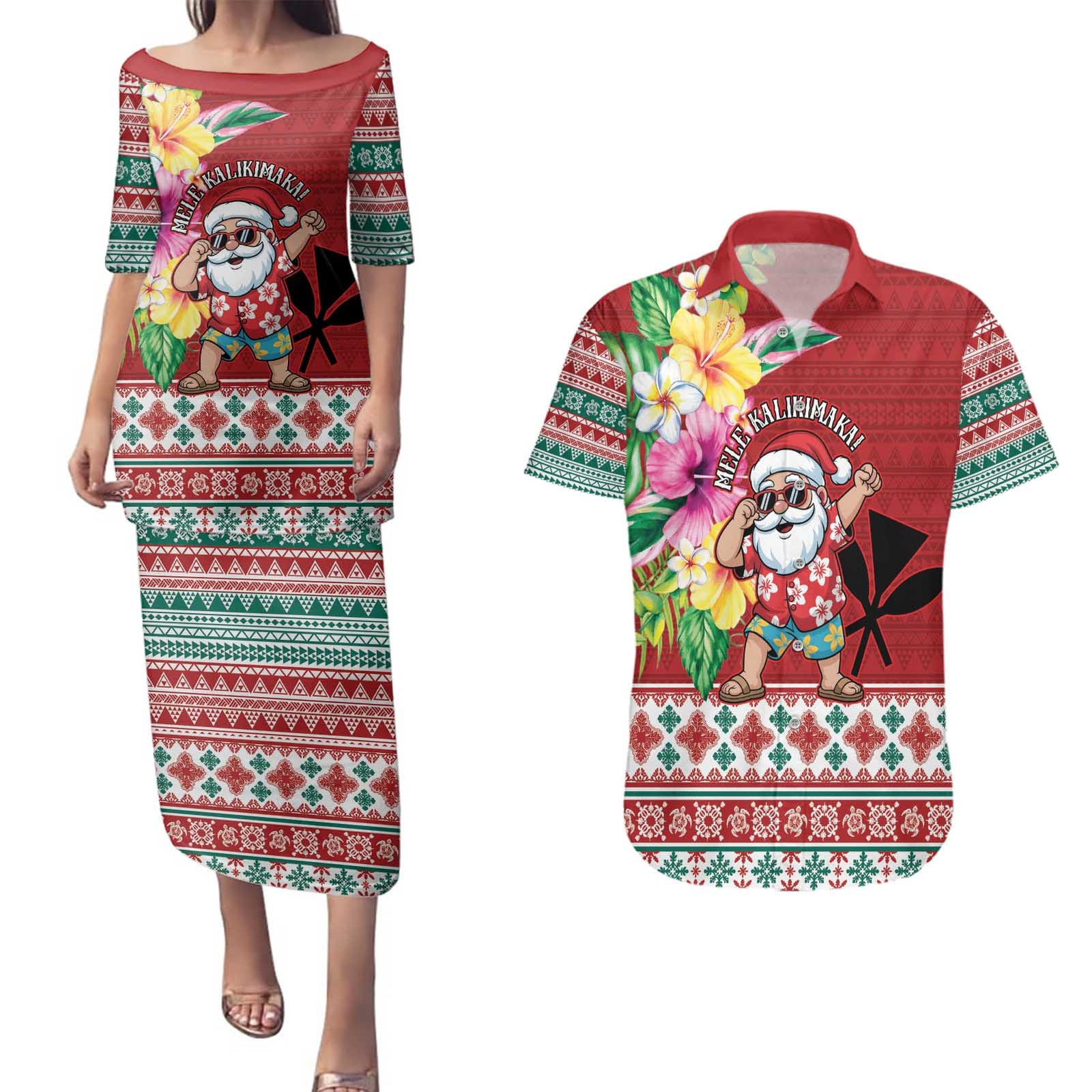 Santa Surf Mele Kalikimaka Personalized Couples Matching Puletasi and Hawaiian Shirt Aloha Tropical Christmas Vibes - Polynesian Pride