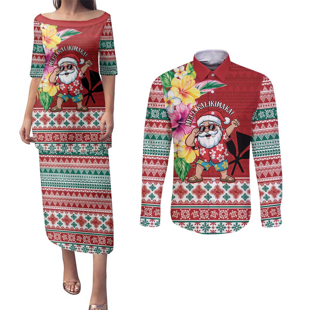 Santa Surf Mele Kalikimaka Personalized Couples Matching Puletasi and Long Sleeve Button Shirt Aloha Tropical Christmas Vibes - Polynesian Pride