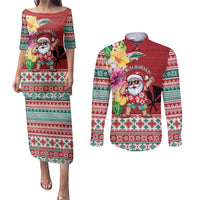 Santa Surf Mele Kalikimaka Personalized Couples Matching Puletasi and Long Sleeve Button Shirt Aloha Tropical Christmas Vibes - Polynesian Pride