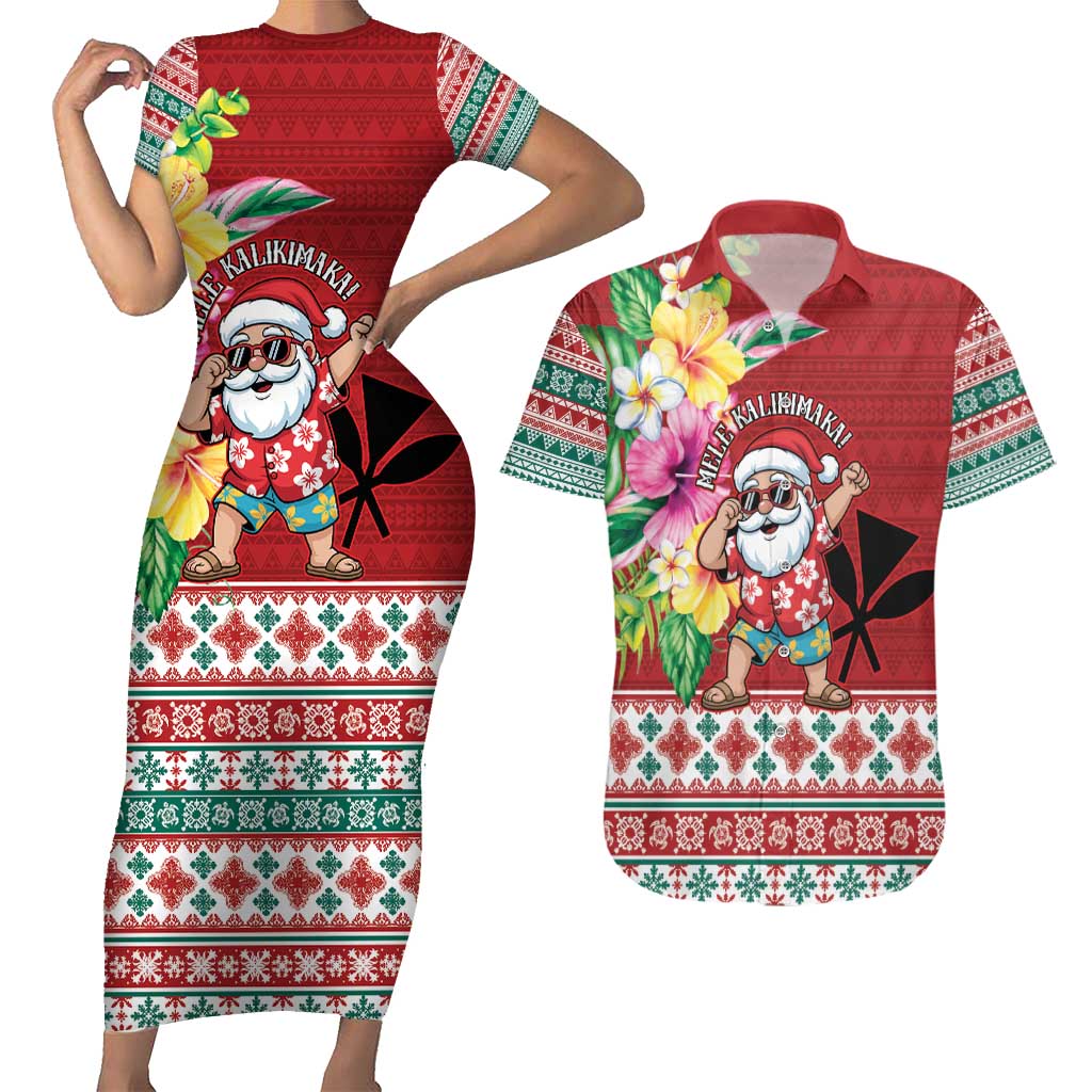 Santa Surf Mele Kalikimaka Personalized Couples Matching Short Sleeve Bodycon Dress and Hawaiian Shirt Aloha Tropical Christmas Vibes - Polynesian Pride