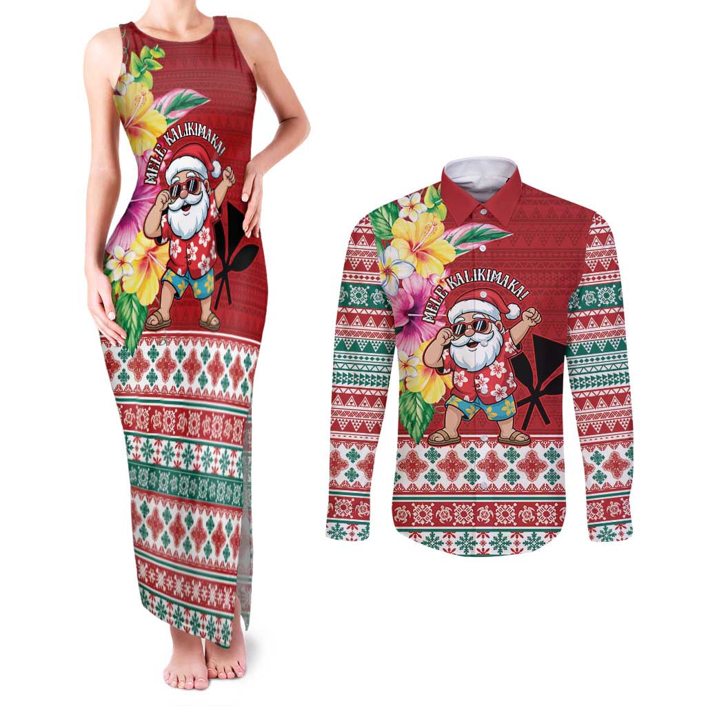 Santa Surf Mele Kalikimaka Personalized Couples Matching Tank Maxi Dress and Long Sleeve Button Shirt Aloha Tropical Christmas Vibes - Polynesian Pride