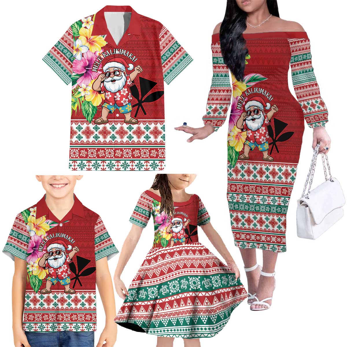 Santa Surf Mele Kalikimaka Personalized Family Matching Off The Shoulder Long Sleeve Dress and Hawaiian Shirt Aloha Tropical Christmas Vibes - Polynesian Pride