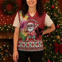 Santa Surf Mele Kalikimaka Personalized Christmas Knitted V-Neck Vest Aloha Tropical Christmas Vibes LT9 - Polynesian Pride