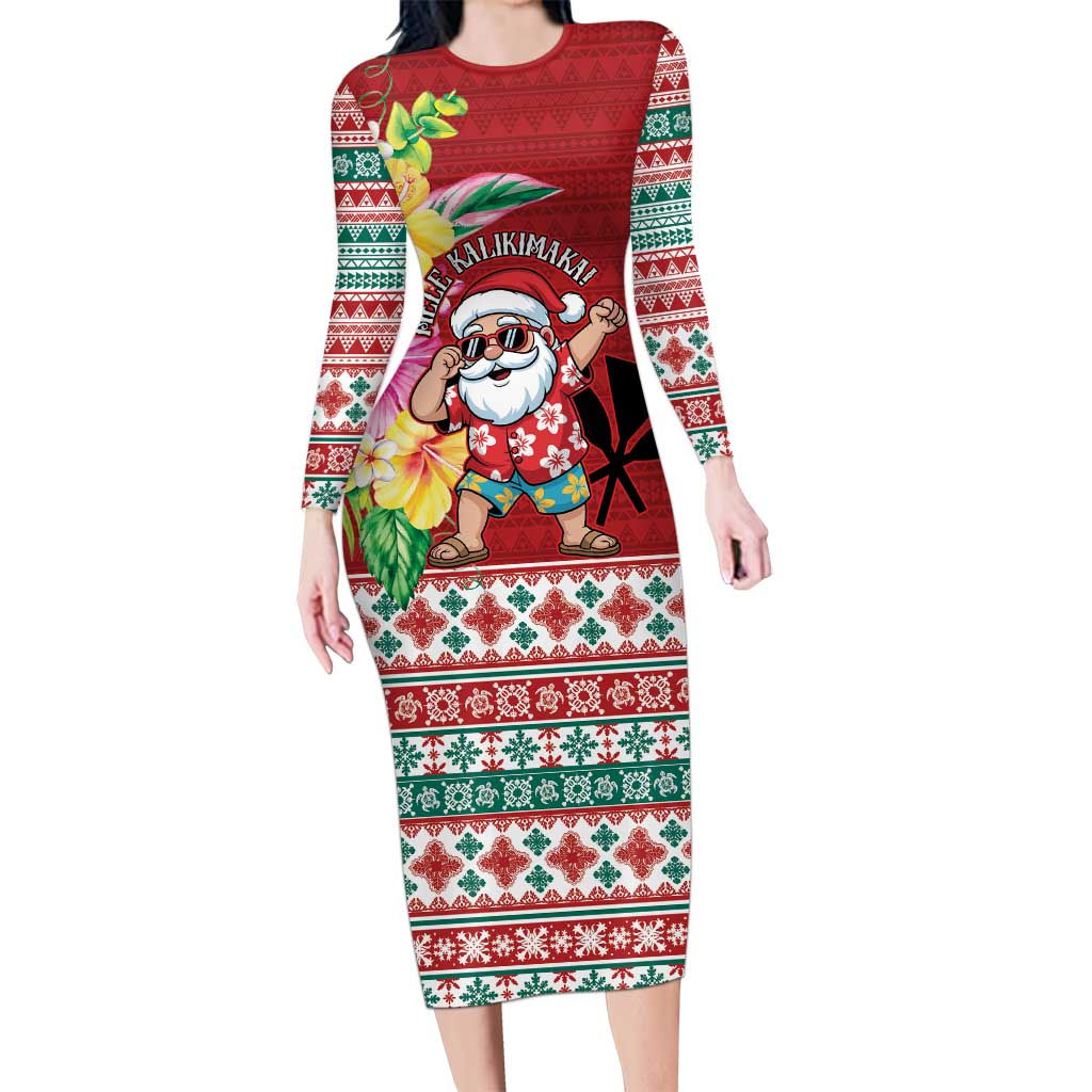 Santa Surf Mele Kalikimaka Personalized Long Sleeve Bodycon Dress Aloha Tropical Christmas Vibes LT9 Long Dress Red - Polynesian Pride