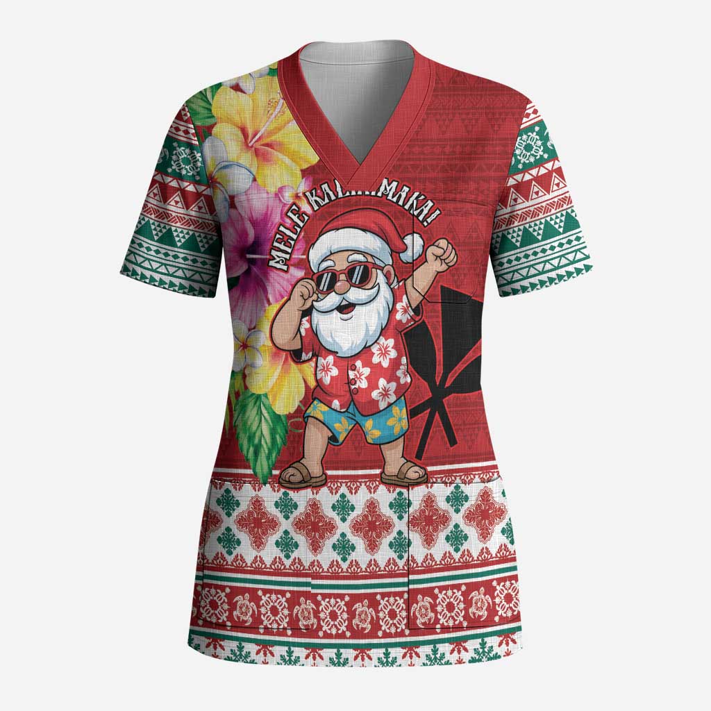 Santa Surf Mele Kalikimaka Personalized Scrub Top Aloha Tropical Christmas Vibes - Polynesian Pride