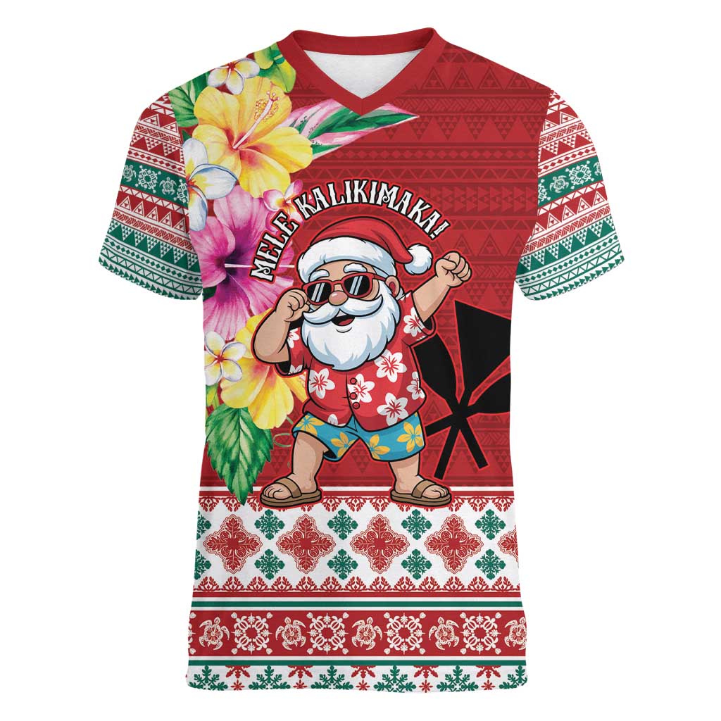 Santa Surf Mele Kalikimaka Personalized Women V-Neck T-Shirt Aloha Tropical Christmas Vibes - Polynesian Pride