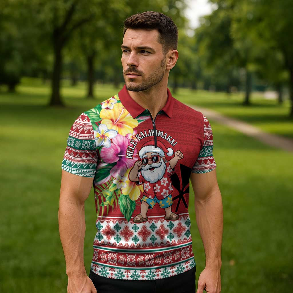 Santa Surf Mele Kalikimaka Personalized Zipper Polo Shirt Aloha Tropical Christmas Vibes - Polynesian Pride