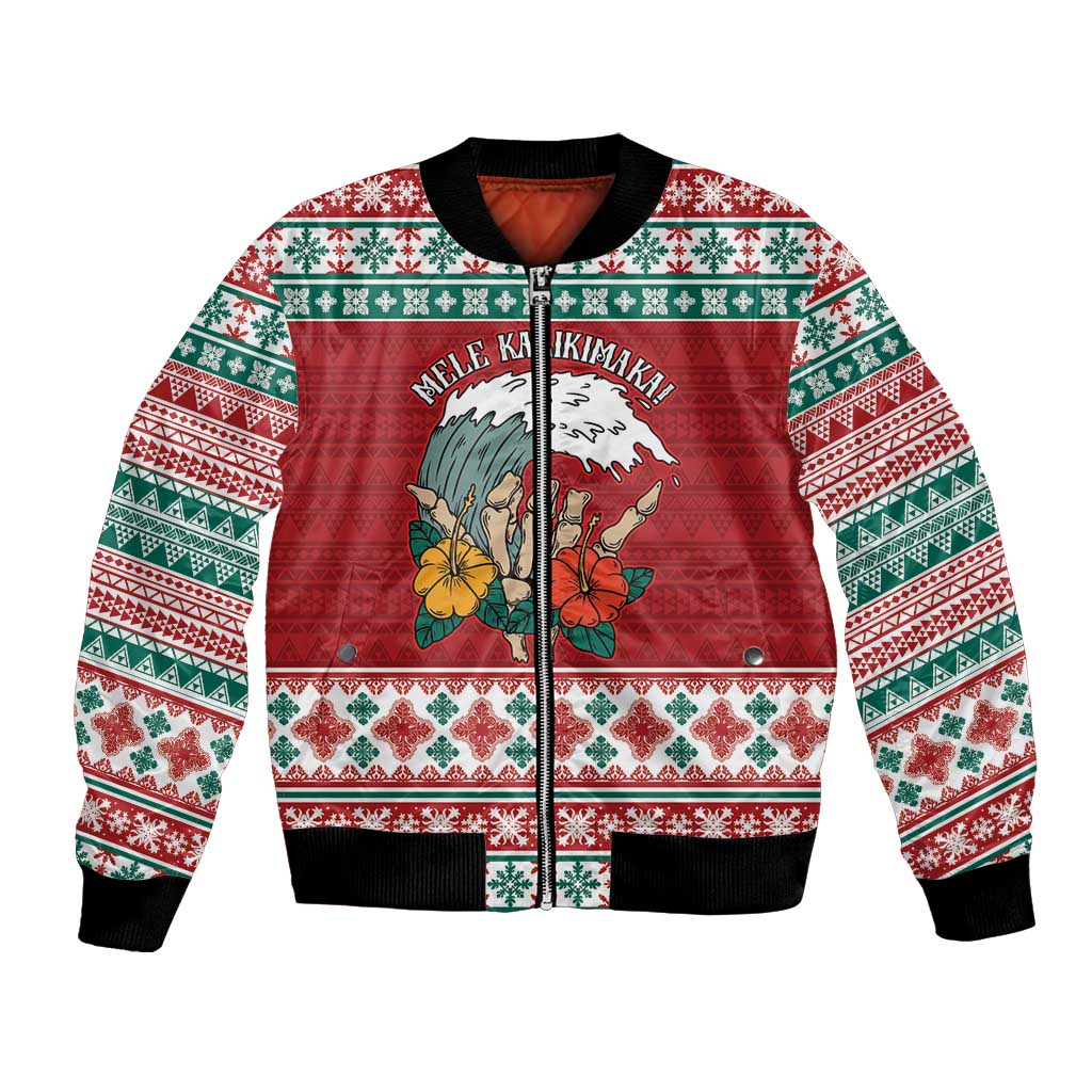 Shaka Sign Skull Mele Kalikimaka Personalized Bomber Jacket Hawaiian Quilt Pattern LT9 Unisex Red - Polynesian Pride