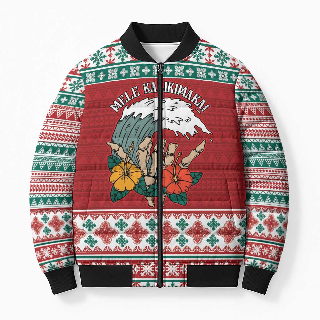 Shaka Sign Skull Mele Kalikimaka Personalized Bomber Puffer Jacket Hawaiian Quilt Pattern - Polynesian Pride