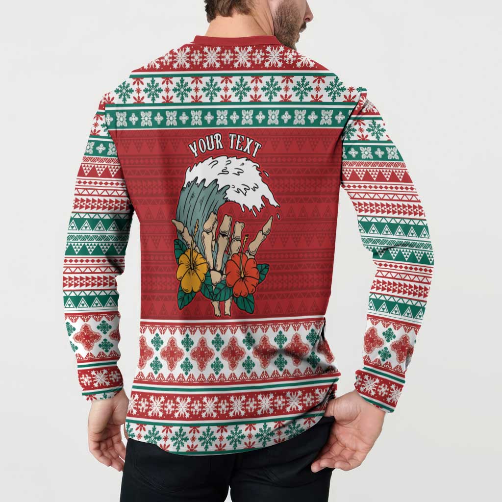 Shaka Sign Skull Mele Kalikimaka Personalized Button Sweatshirt Hawaiian Quilt Pattern - Polynesian Pride