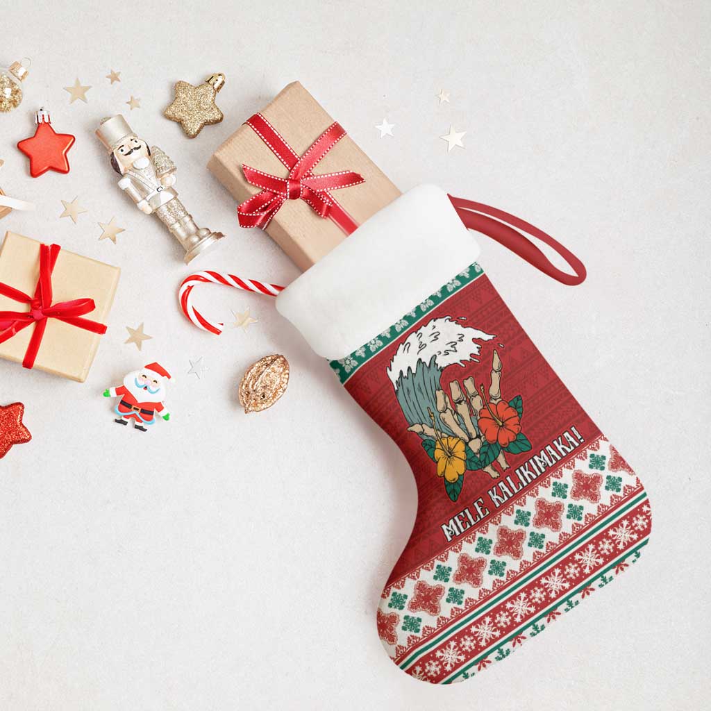 Shaka Sign Skull Mele Kalikimaka Personalized Christmas Stocking Hawaiian Quilt Pattern - Polynesian Pride