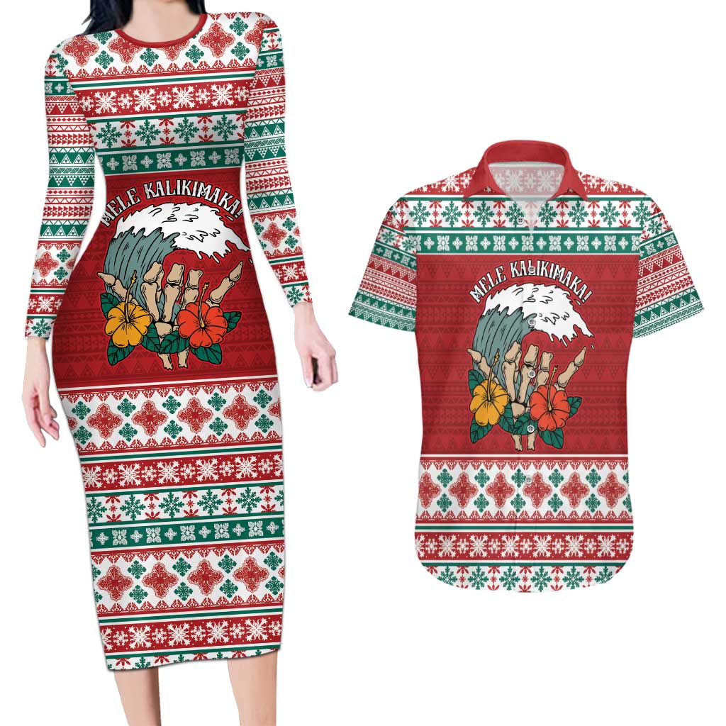 Shaka Sign Skull Mele Kalikimaka Personalized Couples Matching Long Sleeve Bodycon Dress and Hawaiian Shirt Hawaiian Quilt Pattern - Polynesian Pride