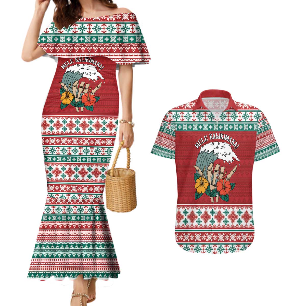 Shaka Sign Skull Mele Kalikimaka Personalized Couples Matching Mermaid Dress and Hawaiian Shirt Hawaiian Quilt Pattern - Polynesian Pride