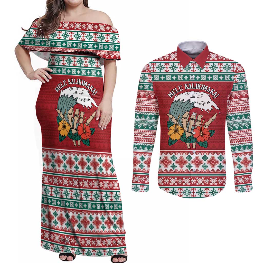 Shaka Sign Skull Mele Kalikimaka Personalized Couples Matching Off Shoulder Maxi Dress and Long Sleeve Button Shirt Hawaiian Quilt Pattern - Polynesian Pride