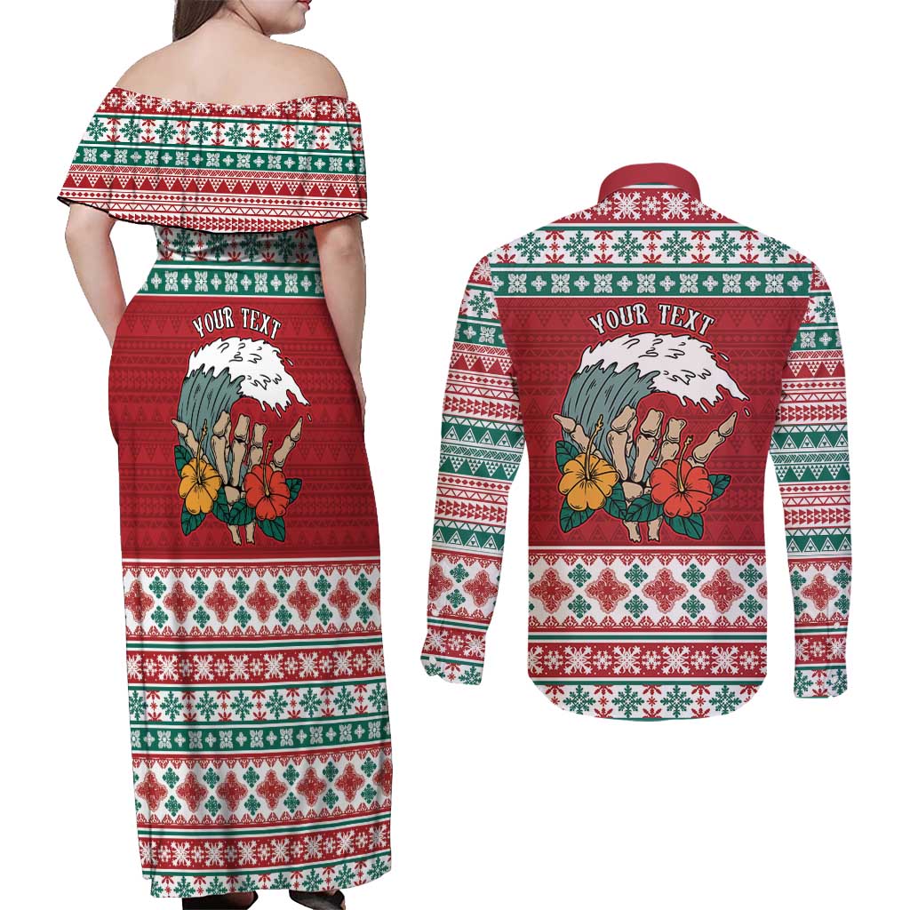 Shaka Sign Skull Mele Kalikimaka Personalized Couples Matching Off Shoulder Maxi Dress and Long Sleeve Button Shirt Hawaiian Quilt Pattern - Polynesian Pride