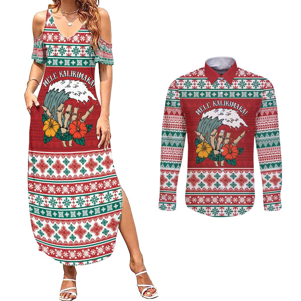 Shaka Sign Skull Mele Kalikimaka Personalized Couples Matching Summer Maxi Dress and Long Sleeve Button Shirt Hawaiian Quilt Pattern - Polynesian Pride