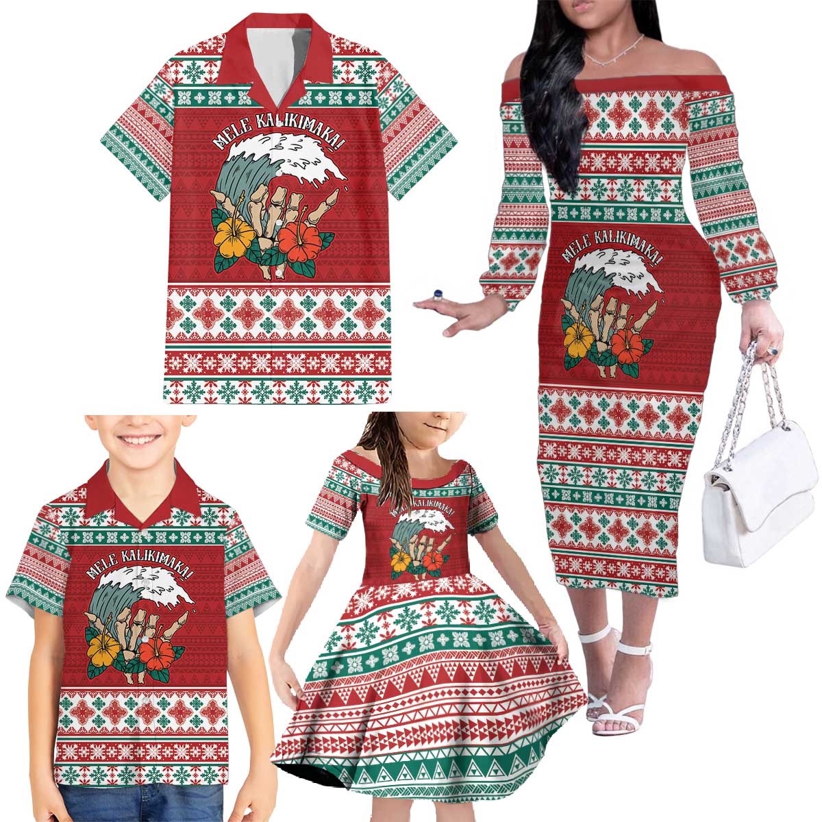 Shaka Sign Skull Mele Kalikimaka Personalized Family Matching Off The Shoulder Long Sleeve Dress and Hawaiian Shirt Hawaiian Quilt Pattern - Polynesian Pride