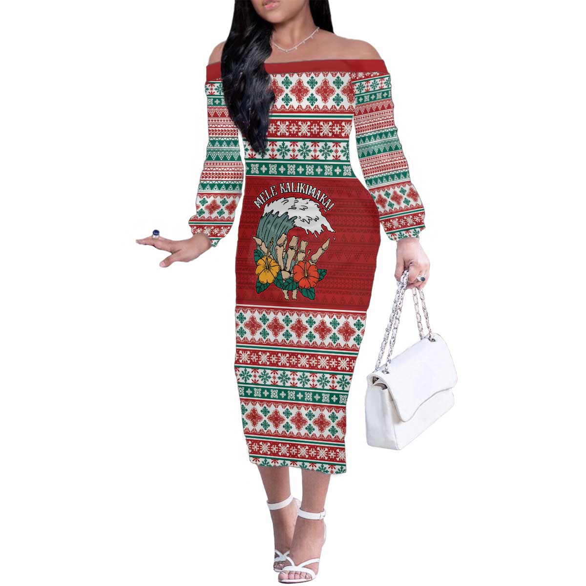 Shaka Sign Skull Mele Kalikimaka Personalized Family Matching Off The Shoulder Long Sleeve Dress and Hawaiian Shirt Hawaiian Quilt Pattern - Polynesian Pride