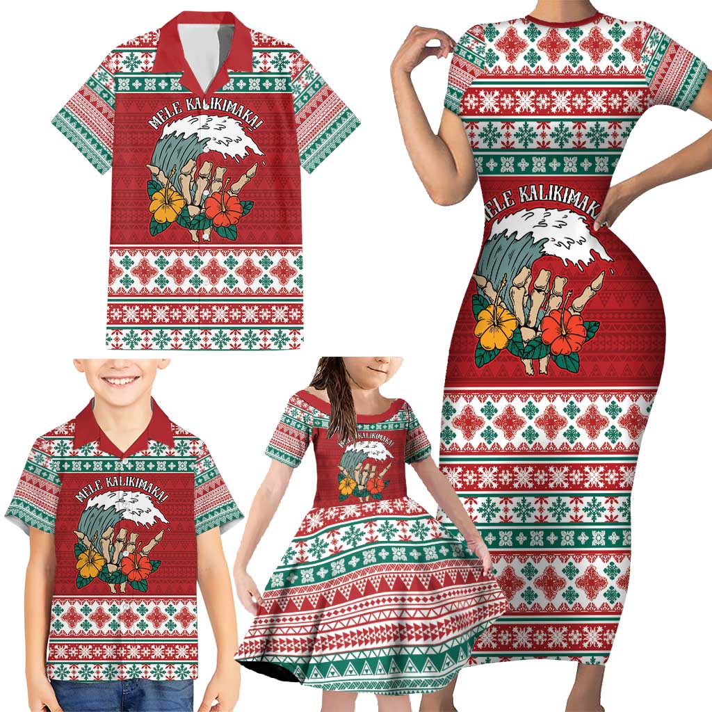 Shaka Sign Skull Mele Kalikimaka Personalized Family Matching Short Sleeve Bodycon Dress and Hawaiian Shirt Hawaiian Quilt Pattern - Polynesian Pride