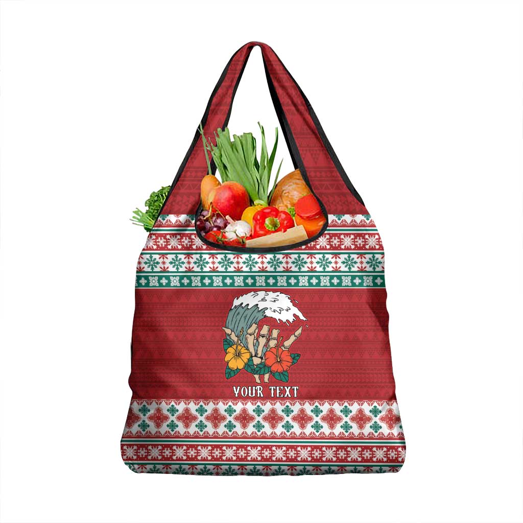 Shaka Sign Skull Mele Kalikimaka Personalized Grocery Bag Hawaiian Quilt Pattern - Polynesian Pride
