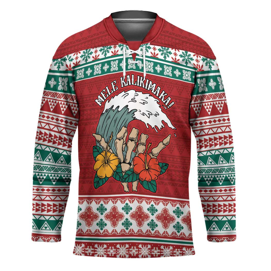 Shaka Sign Skull Mele Kalikimaka Personalized Hockey Jersey Hawaiian Quilt Pattern LT9 Unisex Red - Polynesian Pride