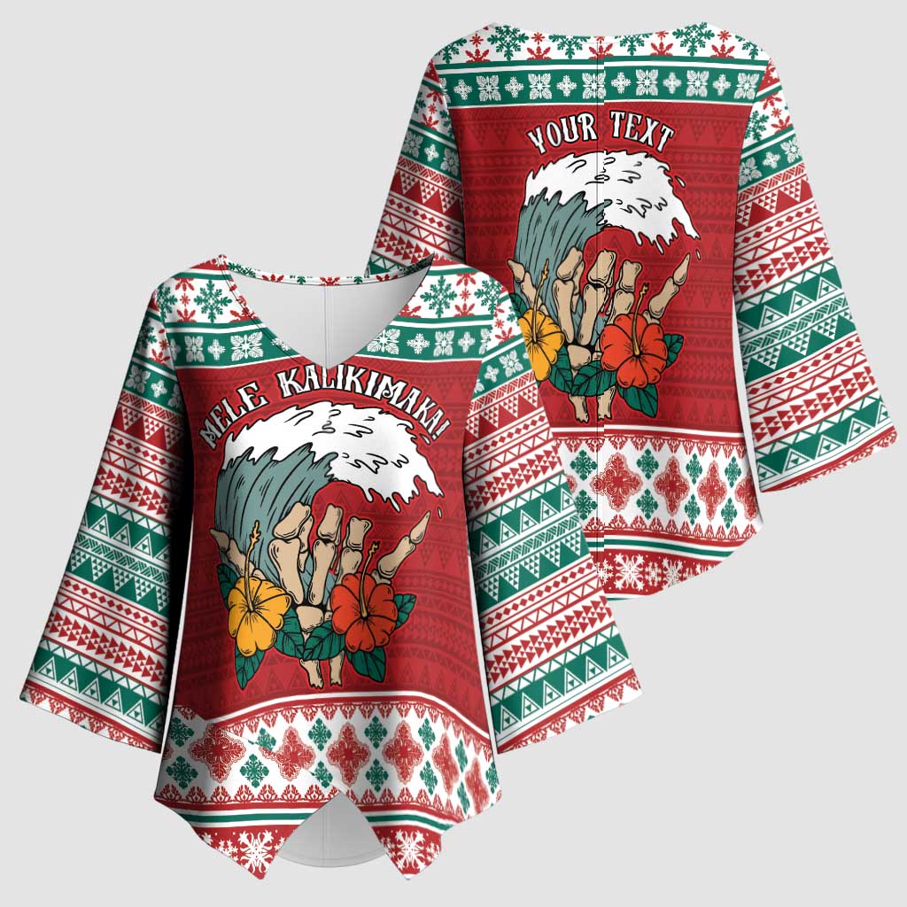 Shaka Sign Skull Mele Kalikimaka Personalized Kimono Sleeve Blouse Hawaiian Quilt Pattern - Polynesian Pride