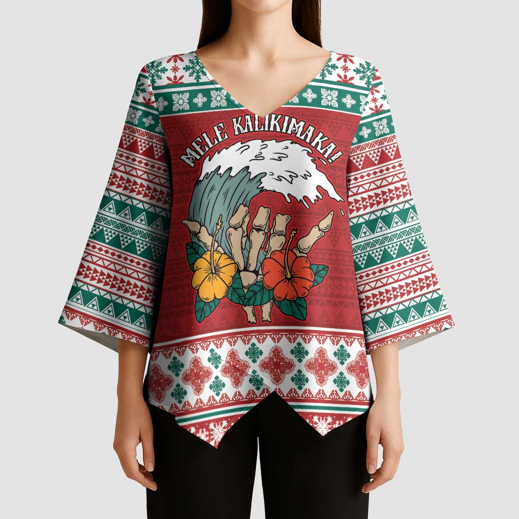 Shaka Sign Skull Mele Kalikimaka Personalized Kimono Sleeve Blouse Hawaiian Quilt Pattern - Polynesian Pride