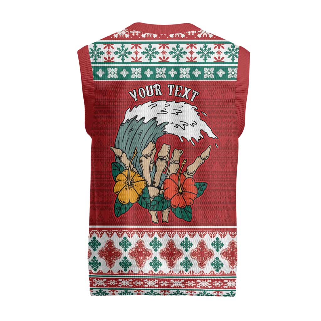 Shaka Sign Skull Mele Kalikimaka Personalized Christmas Knitted V-Neck Vest Hawaiian Quilt Pattern LT9 - Polynesian Pride