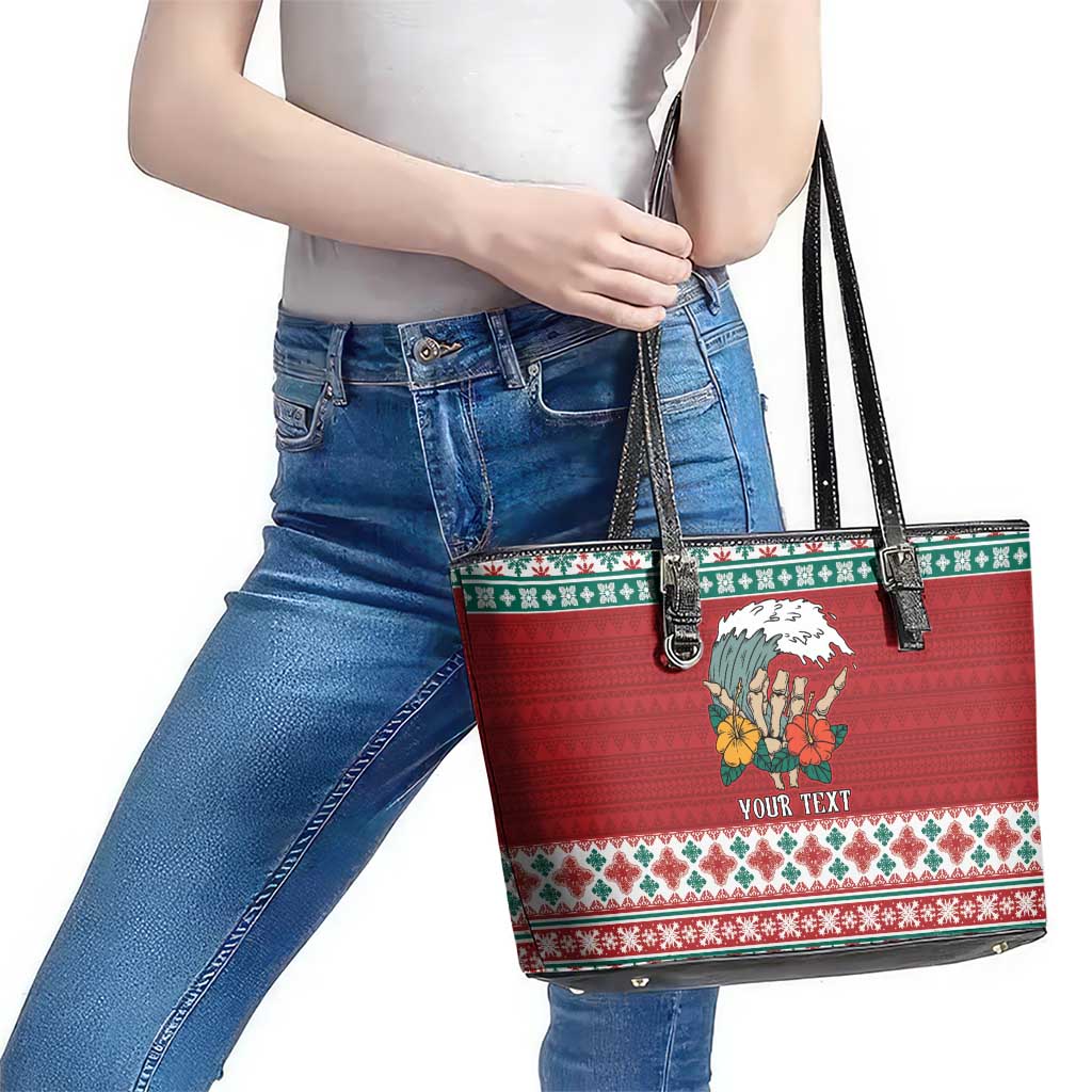 Shaka Sign Skull Mele Kalikimaka Personalized Leather Tote Bag Hawaiian Quilt Pattern - Polynesian Pride