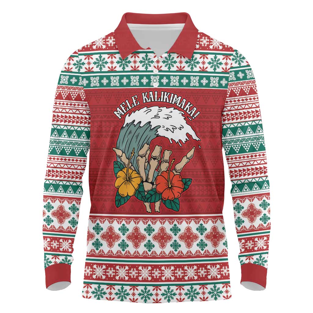 Shaka Sign Skull Mele Kalikimaka Personalized Long Sleeve Polo Shirt Hawaiian Quilt Pattern - Polynesian Pride