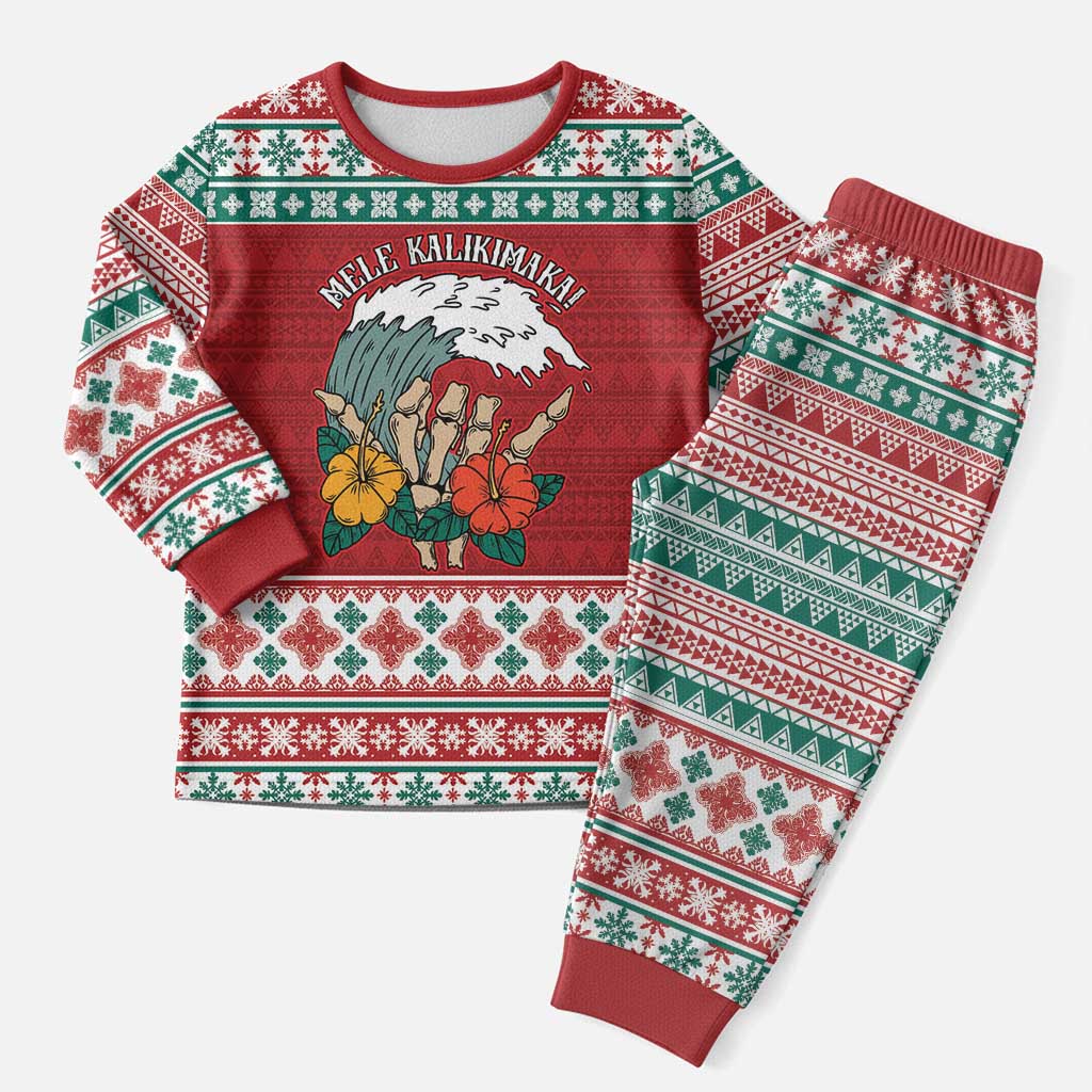 Shaka Sign Skull Mele Kalikimaka Personalized Christmas Pajama Set Hawaiian Quilt Pattern LT9 Men Red - Polynesian Pride