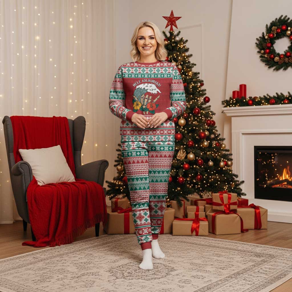 Shaka Sign Skull Mele Kalikimaka Personalized Christmas Pajama Set Hawaiian Quilt Pattern LT9 Women Red - Polynesian Pride
