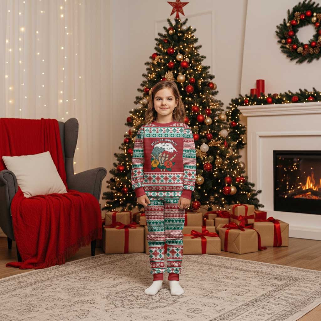 Shaka Sign Skull Mele Kalikimaka Personalized Christmas Pajama Set Hawaiian Quilt Pattern LT9 Kid Red - Polynesian Pride