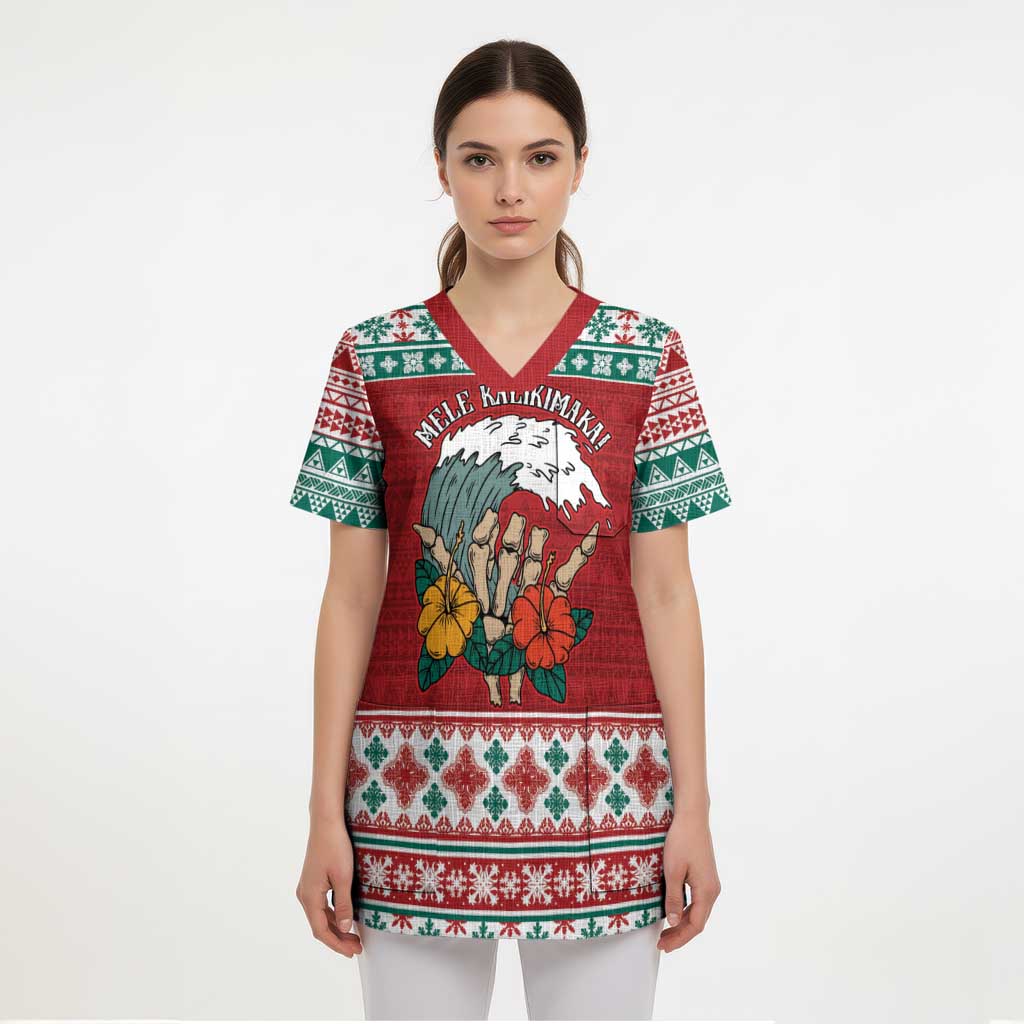 Shaka Sign Skull Mele Kalikimaka Personalized Scrub Top Hawaiian Quilt Pattern - Polynesian Pride