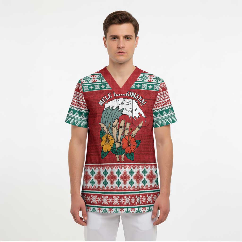 Shaka Sign Skull Mele Kalikimaka Personalized Scrub Top Hawaiian Quilt Pattern - Polynesian Pride