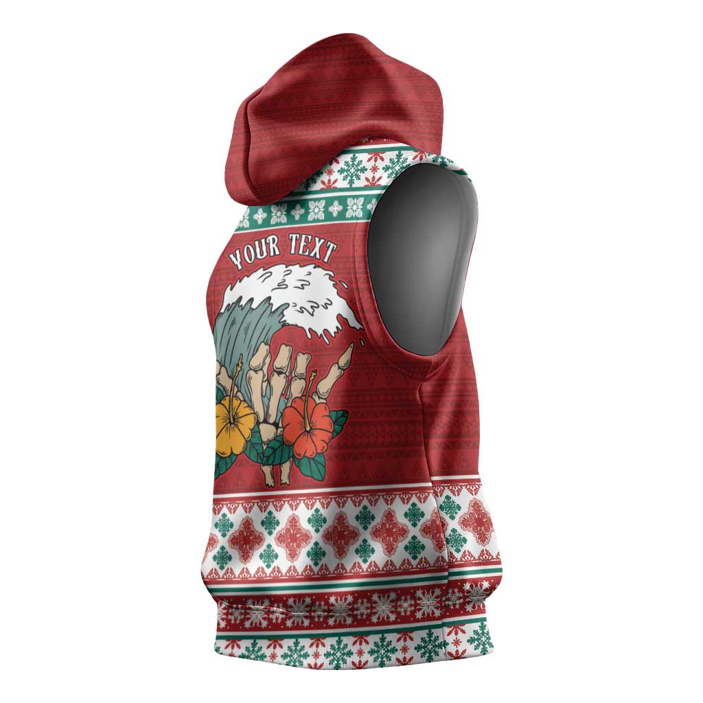 Shaka Sign Skull Mele Kalikimaka Personalized Sleeveless Hoodie Hawaiian Quilt Pattern - Polynesian Pride