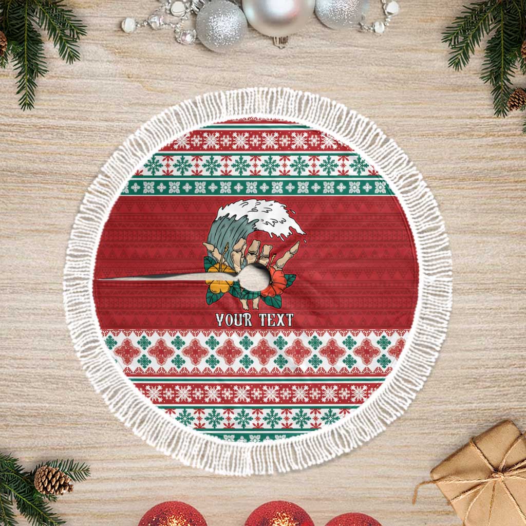 Shaka Sign Skull Mele Kalikimaka Personalized Tree Skirt Hawaiian Quilt Pattern - Polynesian Pride