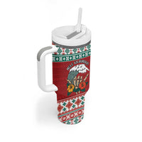 Shaka Sign Skull Mele Kalikimaka Personalized Tumbler With Handle Hawaiian Quilt Pattern - Polynesian Pride