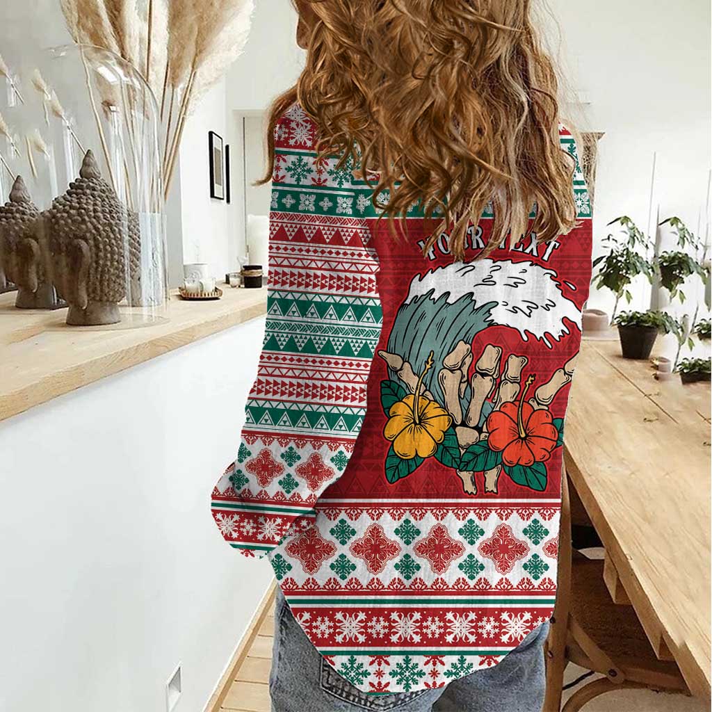 Shaka Sign Skull Mele Kalikimaka Personalized Women Casual Shirt Hawaiian Quilt Pattern - Polynesian Pride