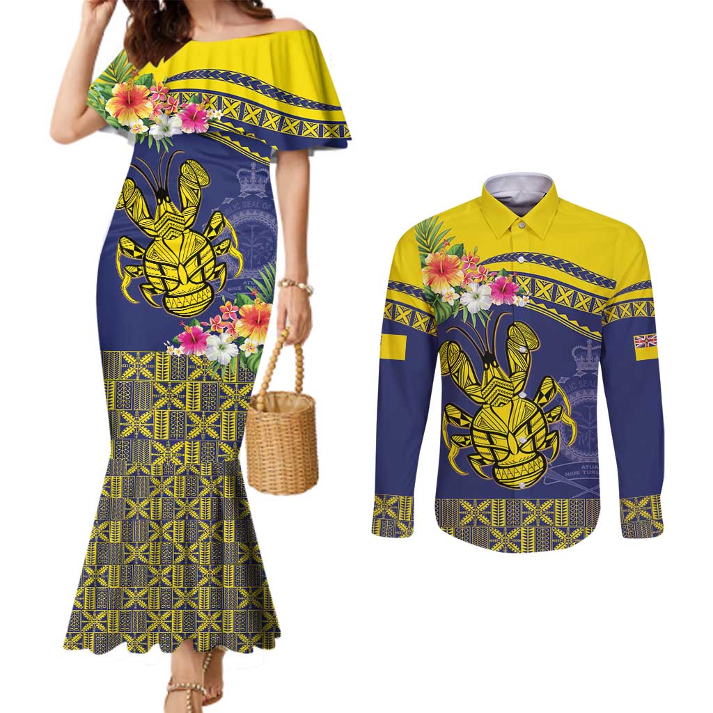 Niue Coconut Crab Couples Matching Mermaid Dress and Long Sleeve Button Shirt Rock of Polynesia