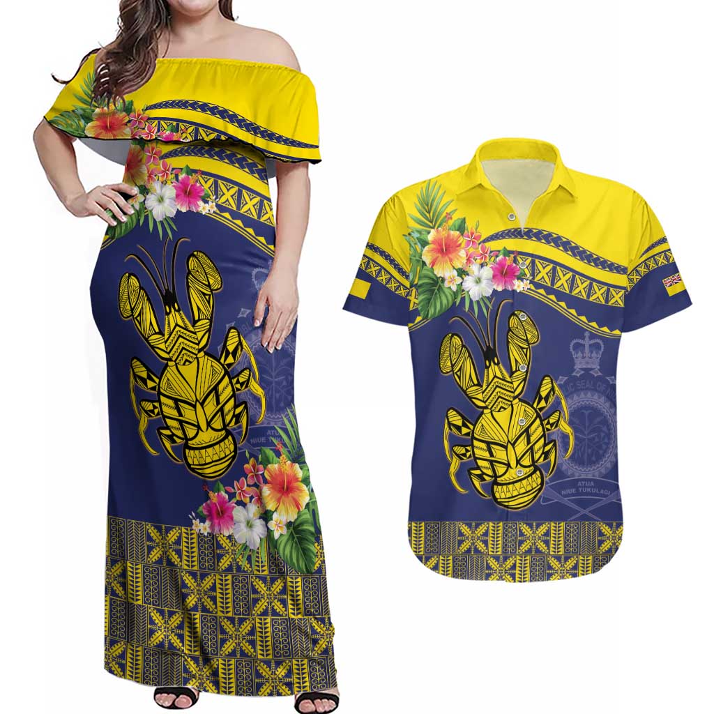 Niue Coconut Crab Couples Matching Off Shoulder Maxi Dress and Hawaiian Shirt Rock of Polynesia LT9 Gold - Polynesian Pride