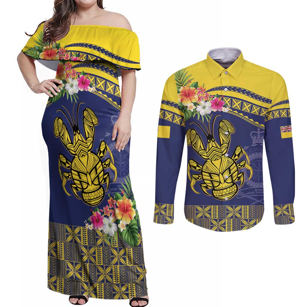 Niue Coconut Crab Couples Matching Off Shoulder Maxi Dress and Long Sleeve Button Shirt Rock of Polynesia