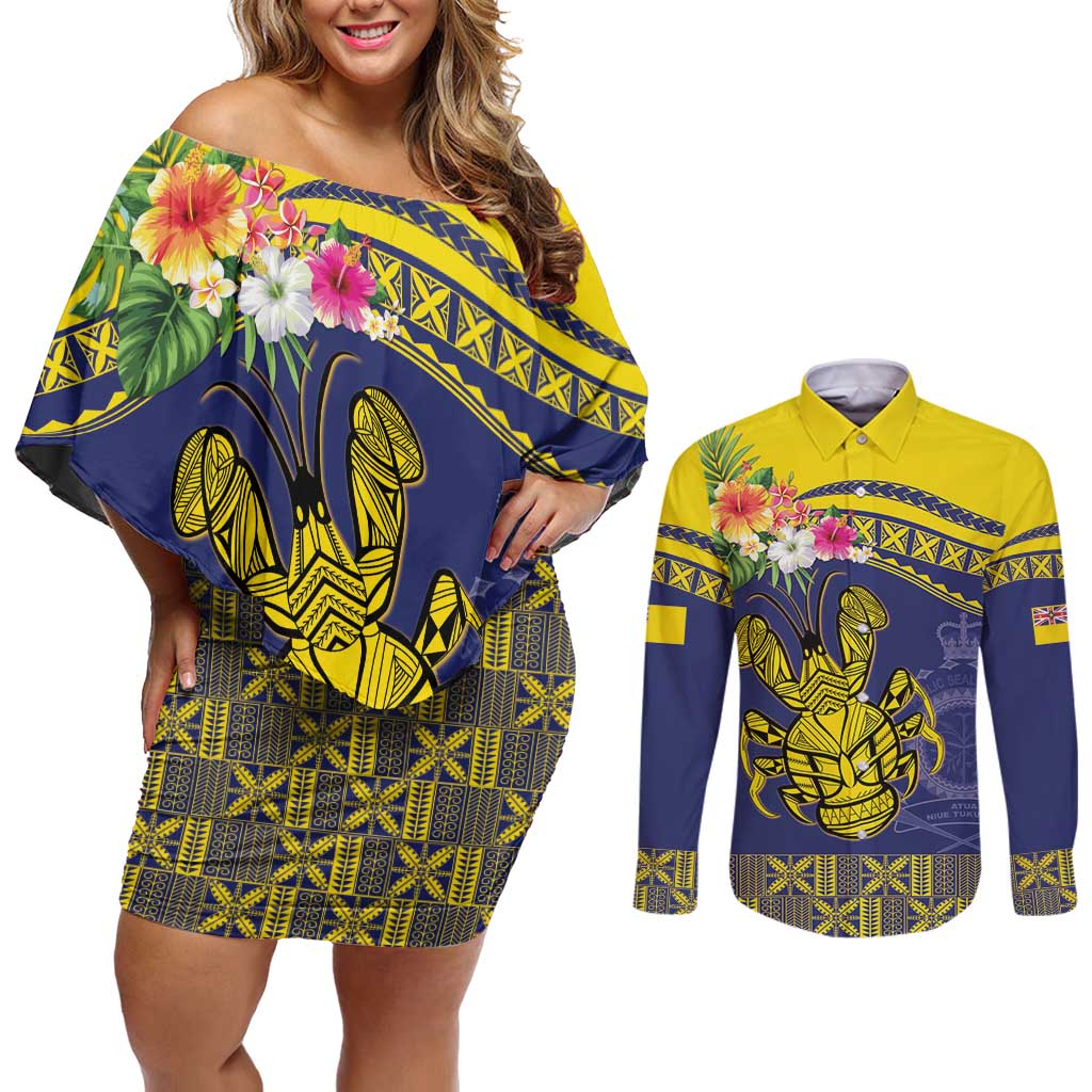 Niue Coconut Crab Couples Matching Off Shoulder Short Dress and Long Sleeve Button Shirt Rock of Polynesia