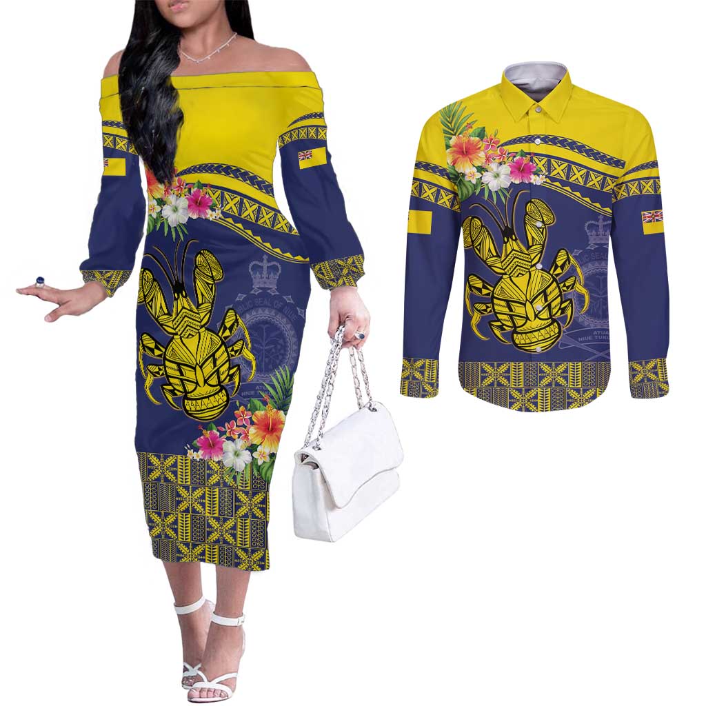 Niue Coconut Crab Couples Matching Off The Shoulder Long Sleeve Dress and Long Sleeve Button Shirt Rock of Polynesia