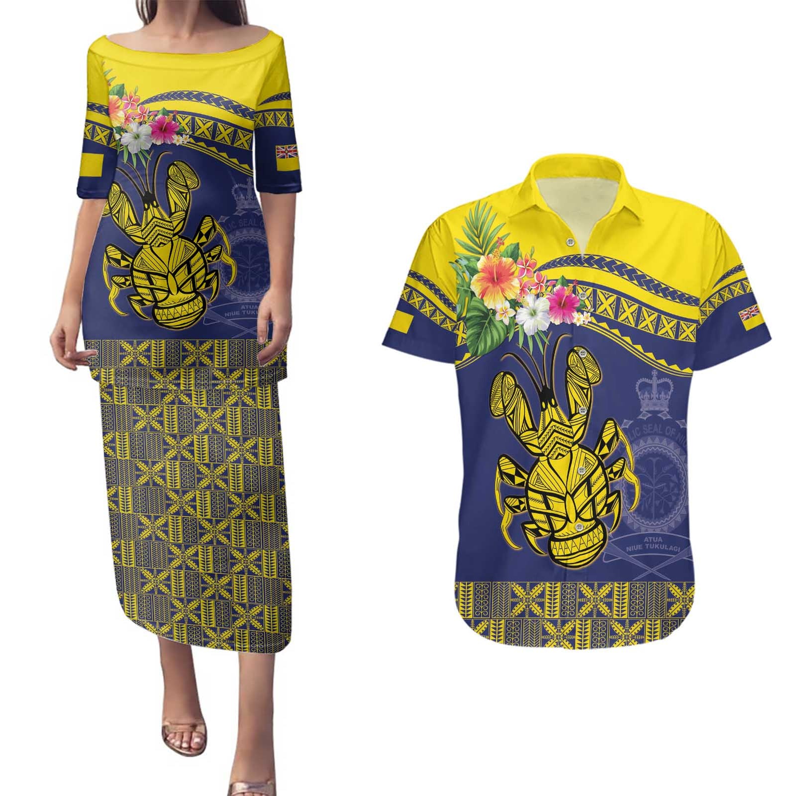Niue Coconut Crab Couples Matching Puletasi and Hawaiian Shirt Rock of Polynesia
