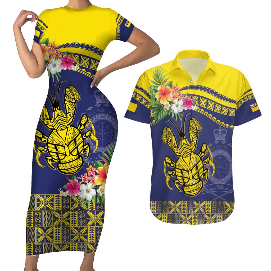 Niue Coconut Crab Couples Matching Short Sleeve Bodycon Dress and Hawaiian Shirt Rock of Polynesia