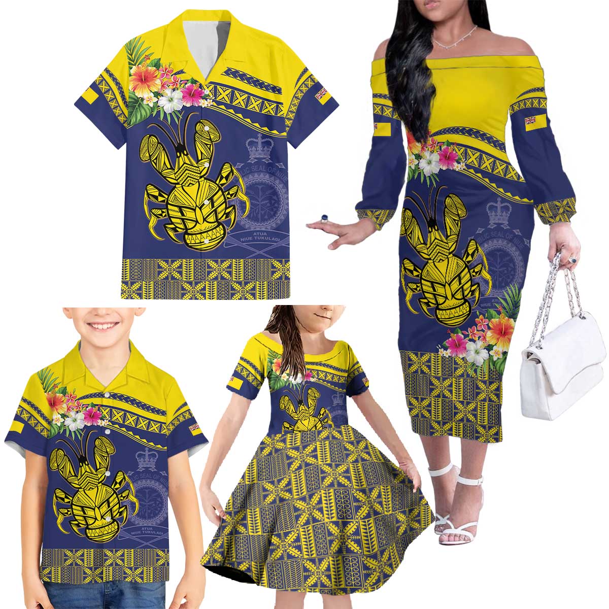 Niue Coconut Crab Family Matching Off The Shoulder Long Sleeve Dress and Hawaiian Shirt Rock of Polynesia LT9 - Polynesian Pride