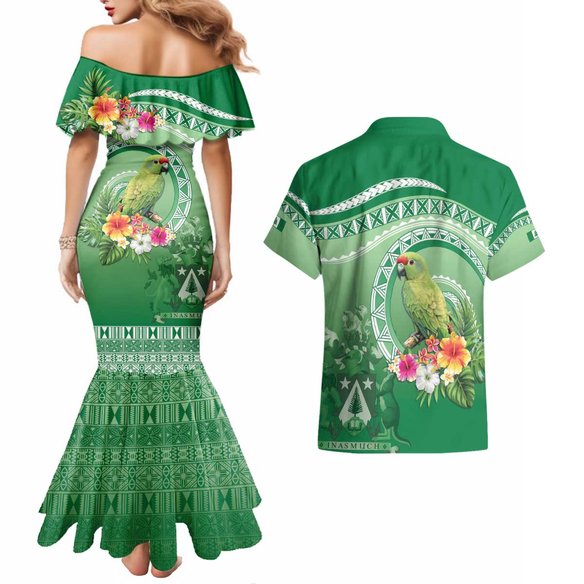 Norfolk Parakeet Tropical Couples Matching Mermaid Dress and Hawaiian Shirt Norfolk Island Tribal Pattern LT9 - Polynesian Pride